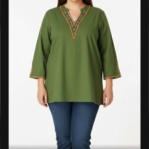 Roaman's tunic Top Linen Blend Boho Chic Hippie Plus sz 32W handmade rhinestone.